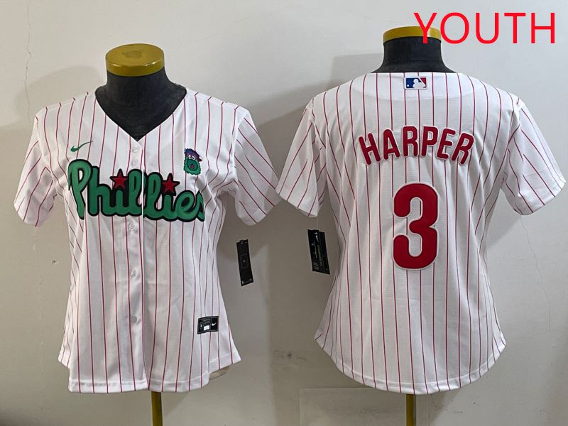 Youth Philadelphia Phillies #3 Harper White Stripe Second generation joint name 2025 Nike MLB Jersey style 1->youth mlb jersey->Youth Jersey